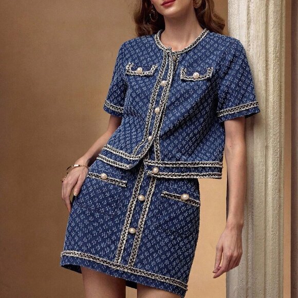 Blue Casual Women's Denim Jacquard Crop Jacket & Skirt set - Picture 2 of 6